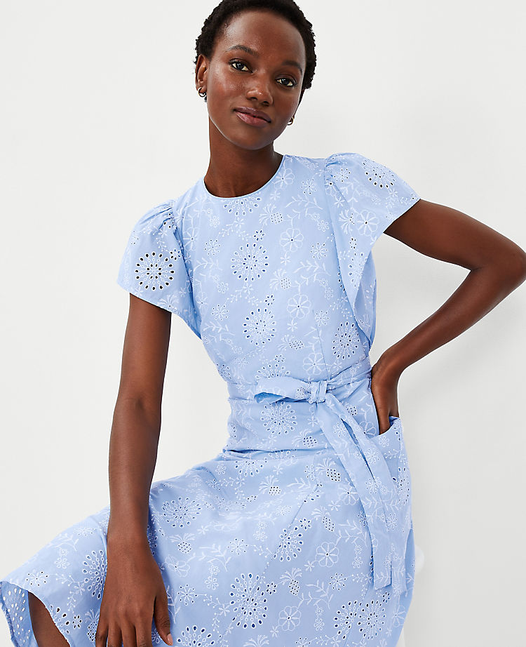Ann Taylor Outlet |  Eyelet Flutter Sleeve Belted Midi Dress