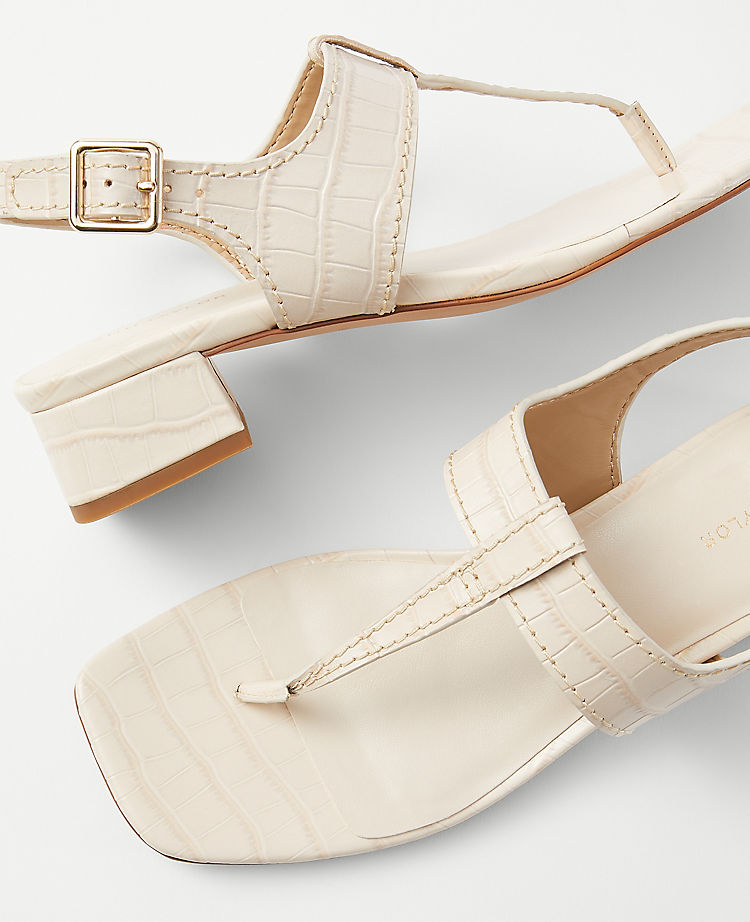 Embossed Leather T-Strap Mid Block Heel Sandals