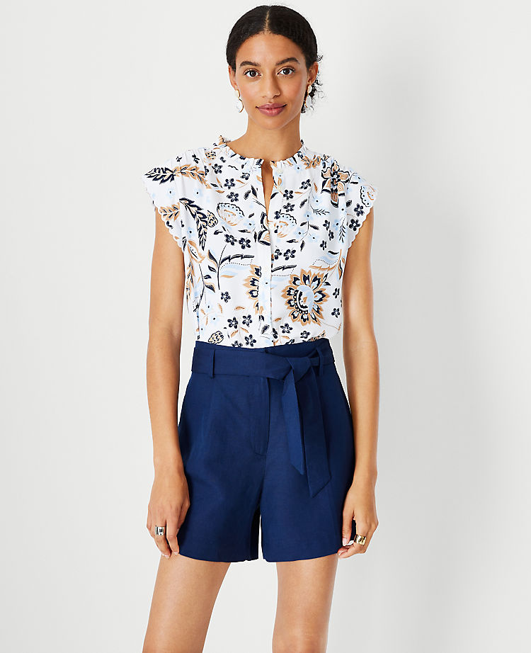 Floral Scalloped Mixed Media Button Top