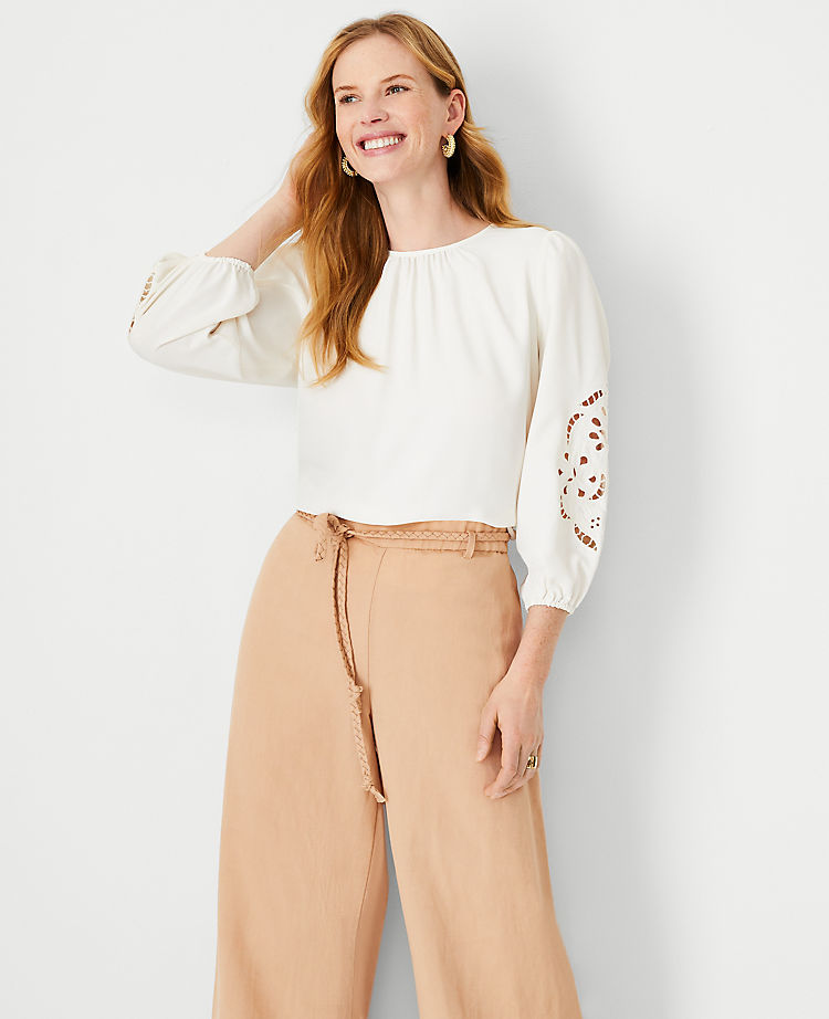 Eyelet Sleeve Mixed Media Top