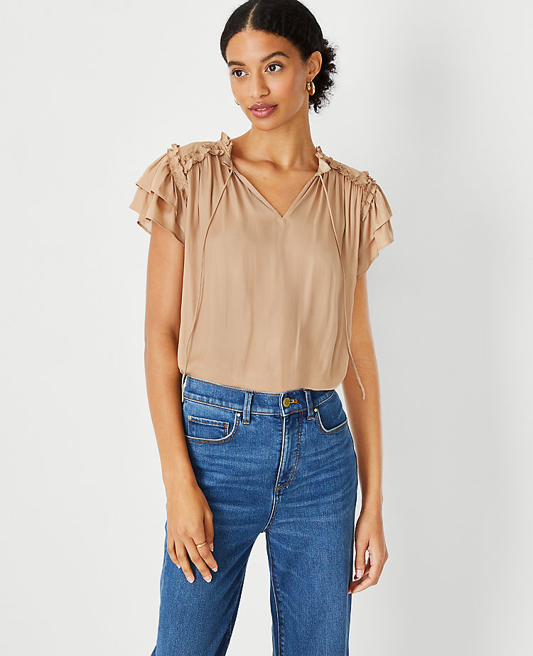 Ann Taylor Outlet |  Shimmer Ruffle Tie Neck Mixed Media Top