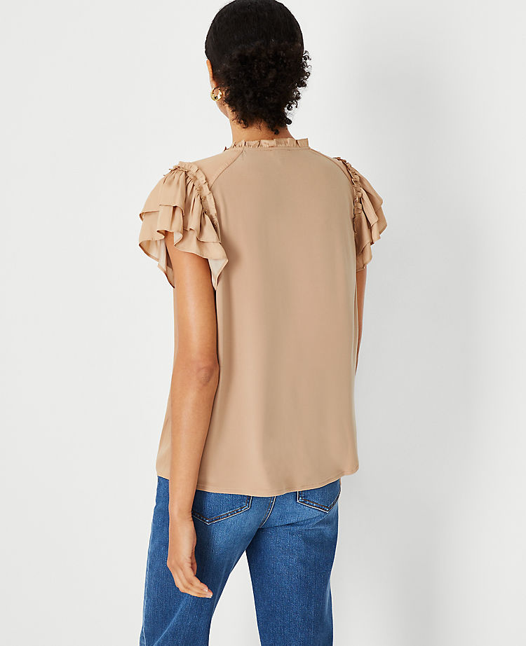 Ann Taylor Outlet |  Shimmer Ruffle Tie Neck Mixed Media Top