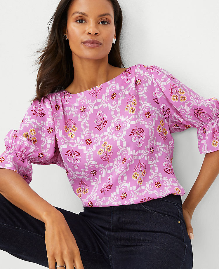 Ann Taylor Outlet |  Tile Print Mixed Media Puff Sleeve Ruffle Top