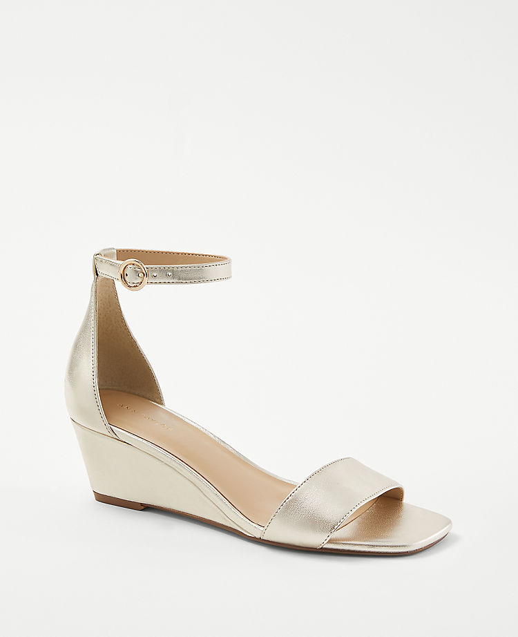 Metallic Leather Low Wedge Sandals