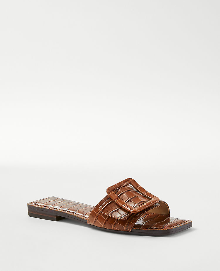 Embossed Leather Buckle Slide Sandals