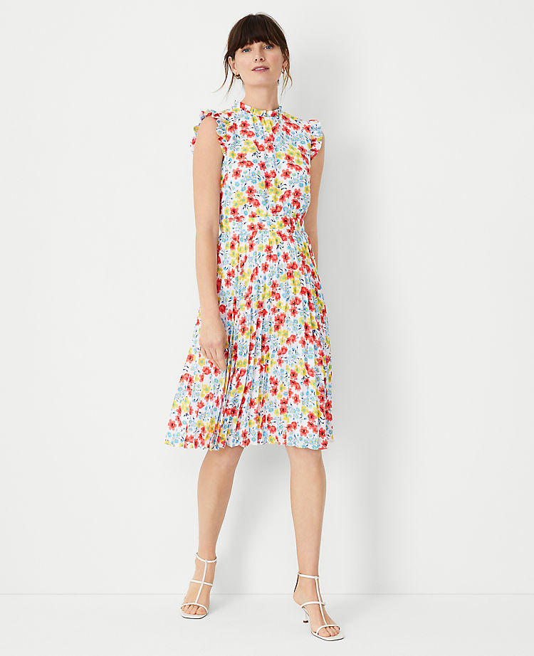 Ann Taylor Floral Ruffle Pleated Flare Dress