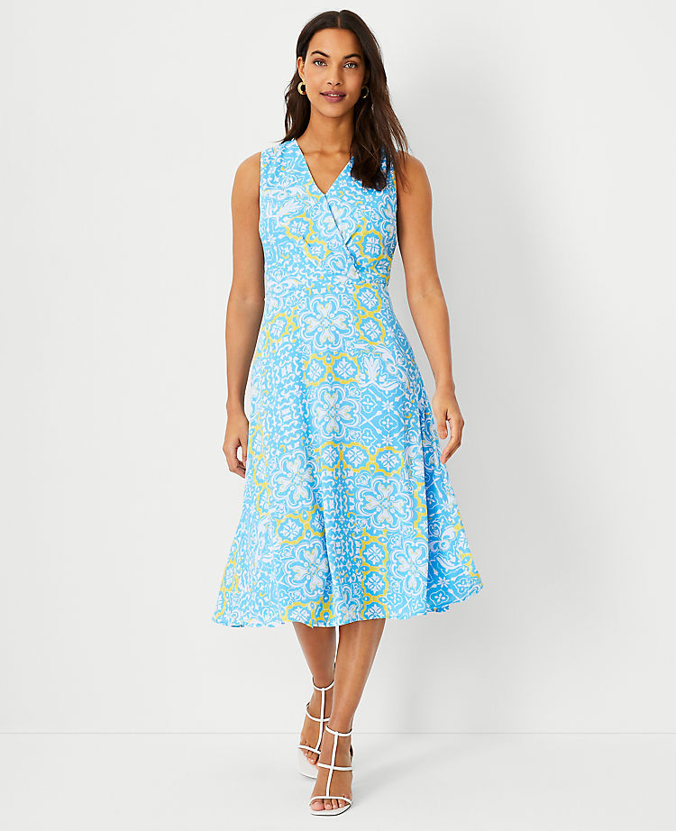 Ann Taylor Tile Print Wrap Flare Dress