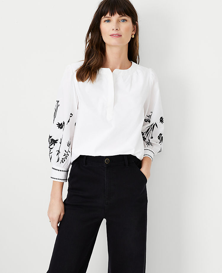 Ann Taylor Outlet |  Embroidered Sleeve Split Neck Top