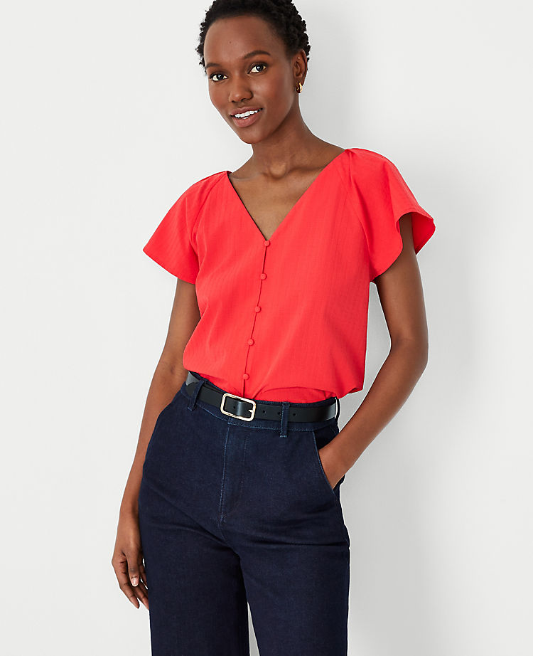Pleated V-Neck Button Top