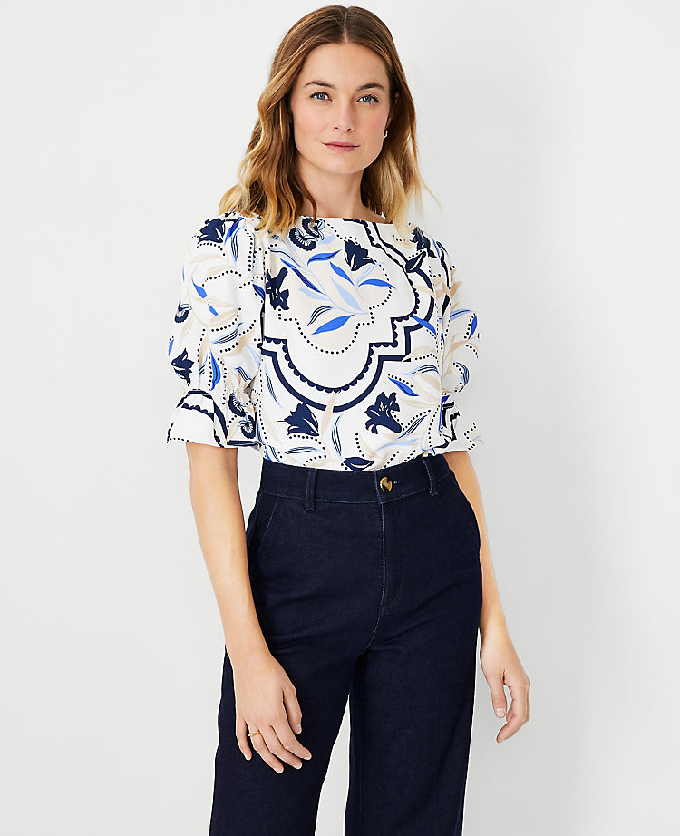 Ann Taylor Outlet |  Tile Print Mixed Media Ruffle Puff Sleeve Top