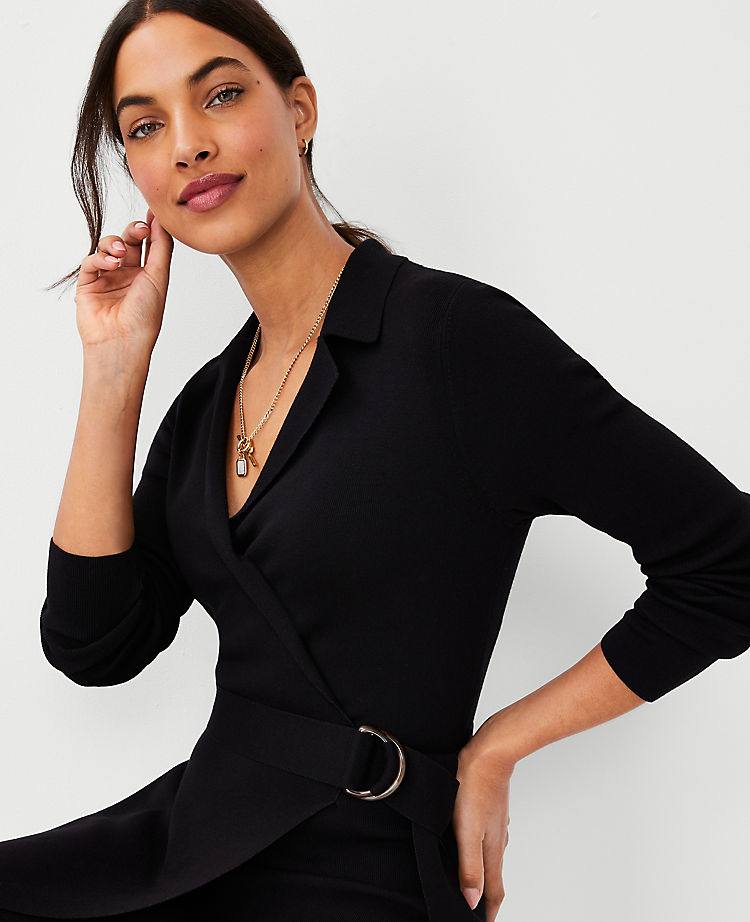 Notched Collar Belted Sweater Dress