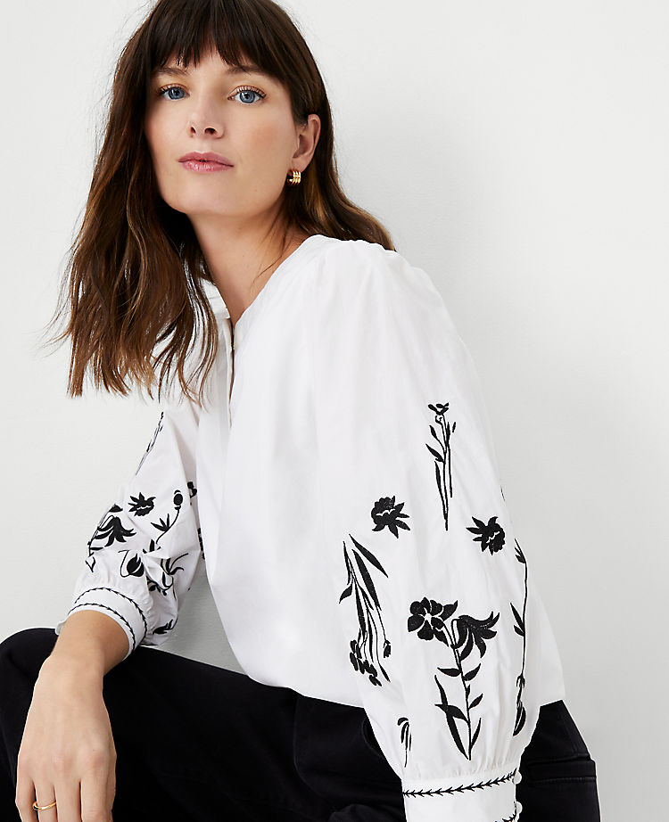 Ann Taylor Outlet |  Embroidered Sleeve Split Neck Top
