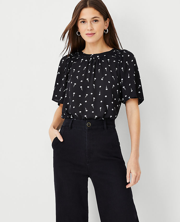 Ann Taylor Outlet |  Floral Mixed Media Smocked Neck Top