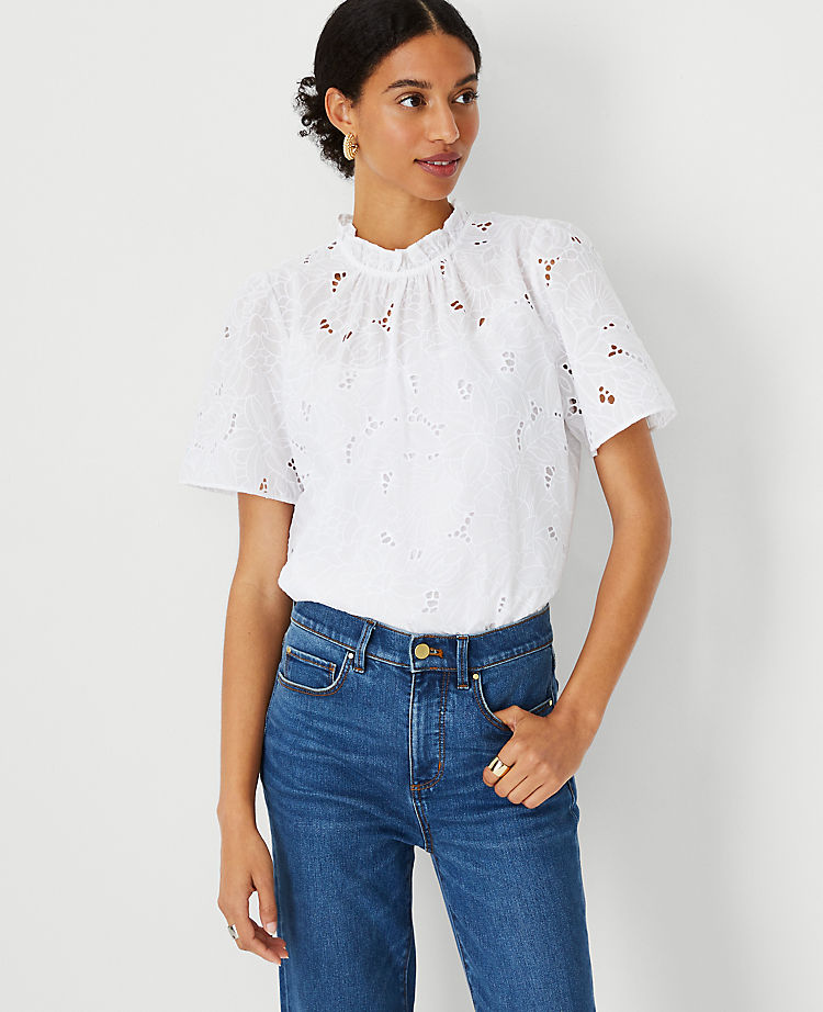 Floral Cutout Lace Ruffle Mock Neck Top