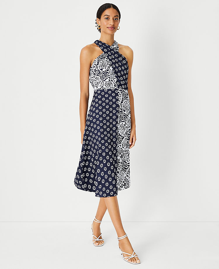 Mixed Floral Crossover Halter Dress