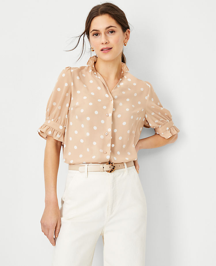 Ann Taylor Outlet |  Polka Dot Ruffle Button Top