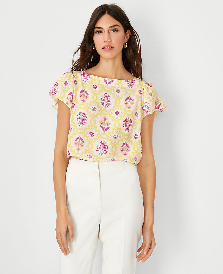 Ann Taylor Outlet |  Tile Print Flutter Sleeve Square Neck Top