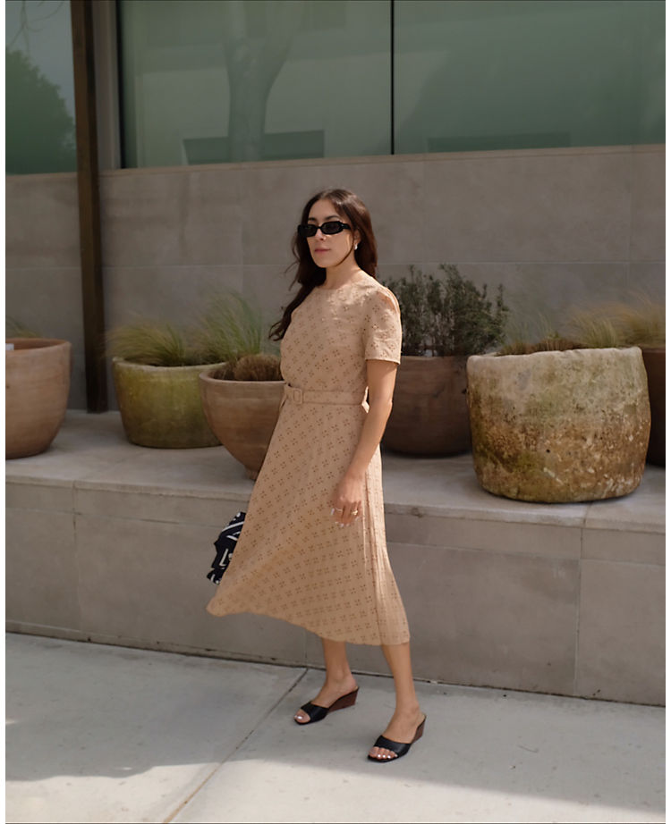 Eyelet Pleated Belted Dress