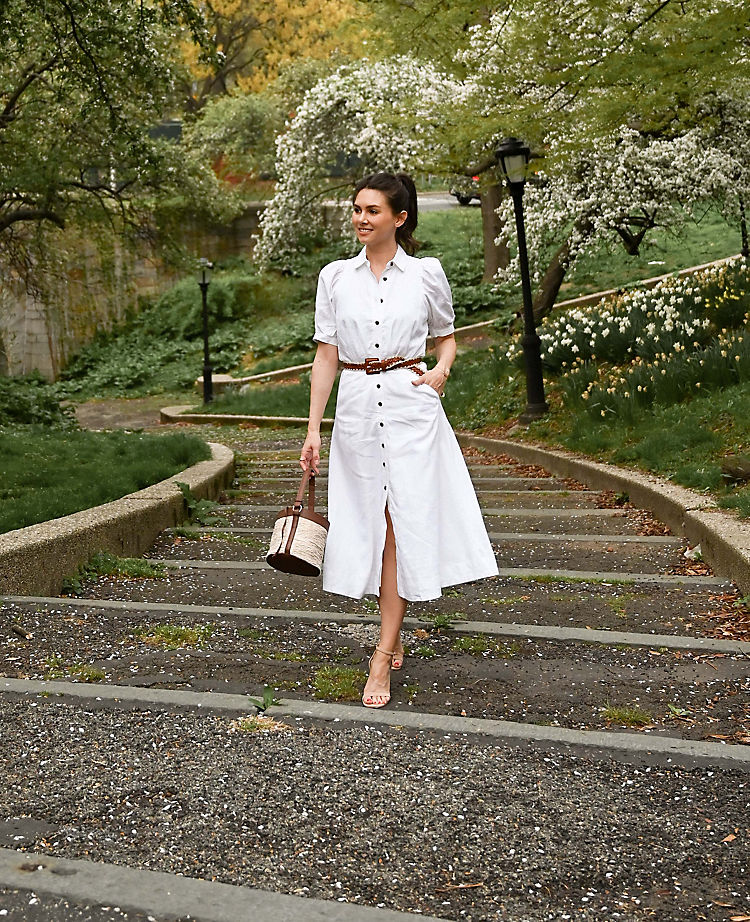 Linen Blend Puff Sleeve Pocket Shirtdress