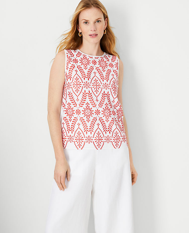 Eyelet Embroidered Mixed Media Shell