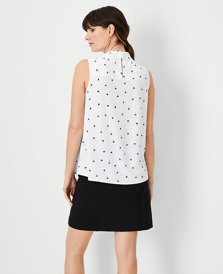 Floral Asymmetrical Tie Neck Mixed Media Shell