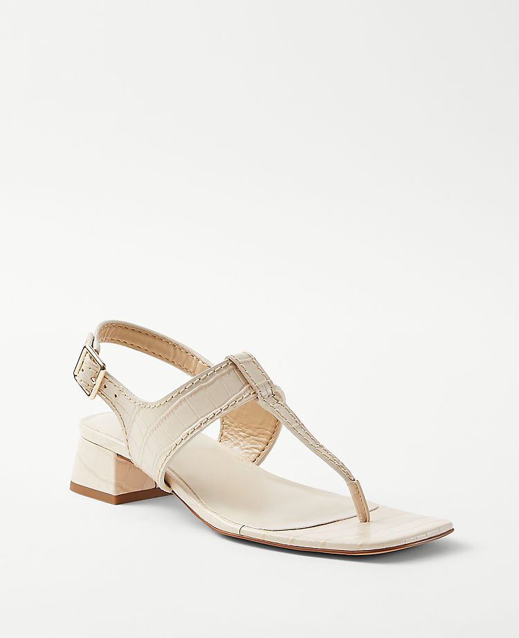 Embossed Leather T-Strap Mid Block Heel Sandals