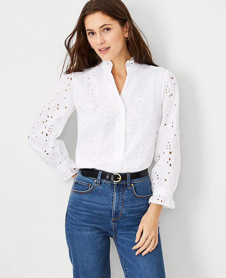 Ann Taylor Outlet |  Eyelet Ruffle Button Top