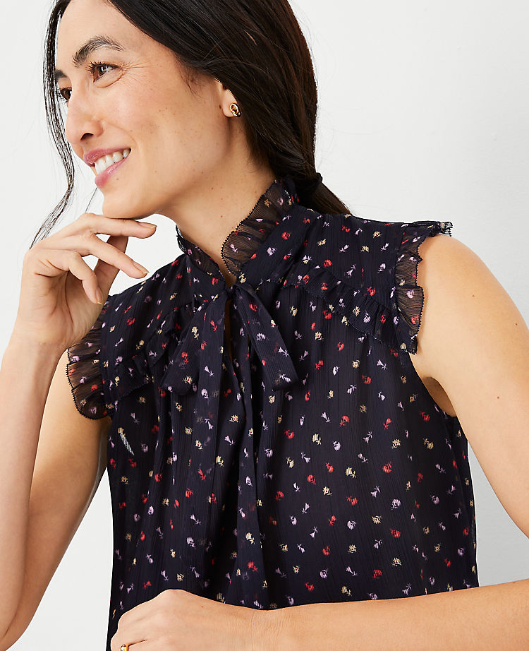 Ann Taylor Outlet |  Floral Ruffle Yoke Tie Neck Top