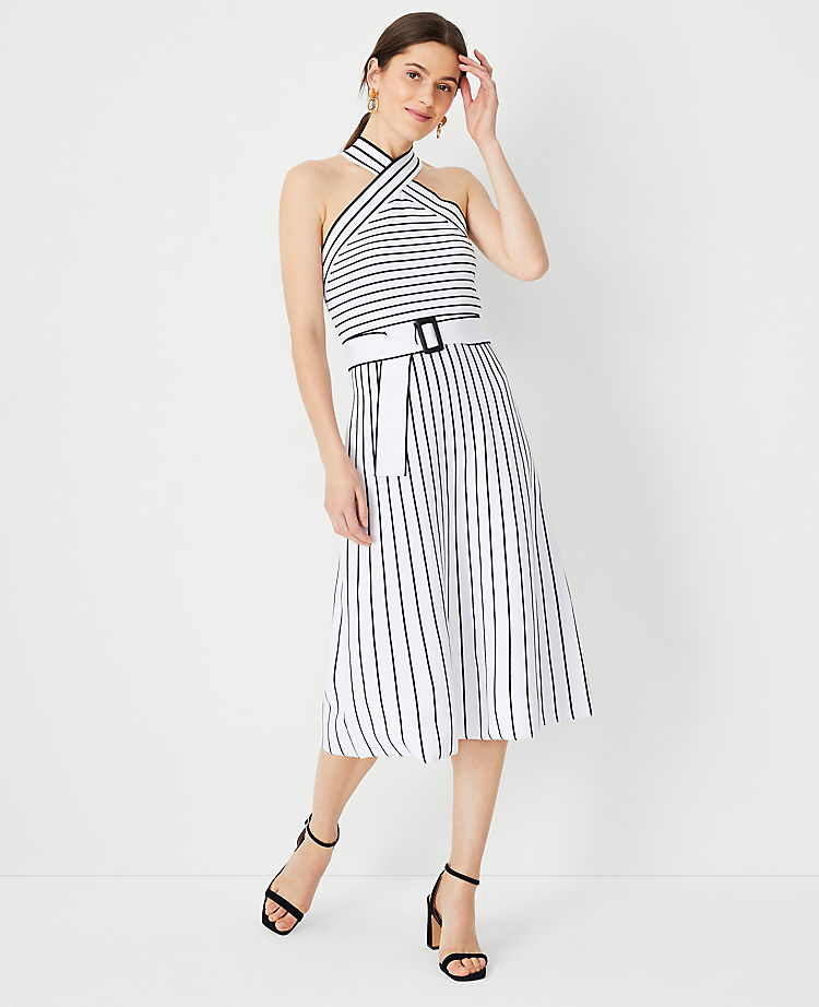 Striped Crossover Halter Sweater Dress