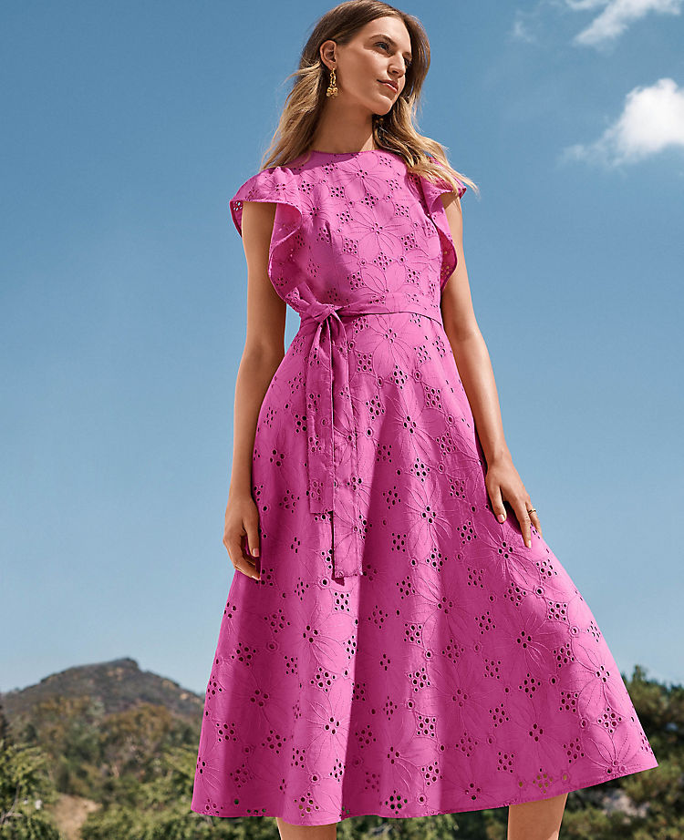 Ann Taylor Outlet |  Eyelet Flutter Sleeve Midi Dress