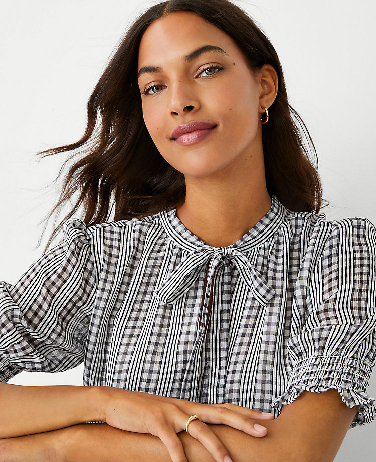 Ann Taylor Outlet |  Plaid Tie Neck Puff Sleeve Top