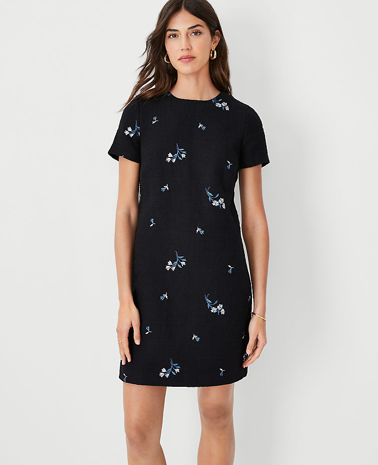 Embroidered Floral Tweed Shift Dress