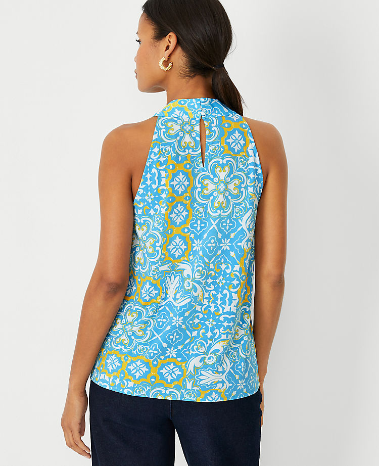 Tile Print Mixed Media Draped Halter Top