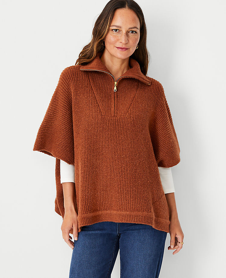 Ribbed Zip Poncho Sweater