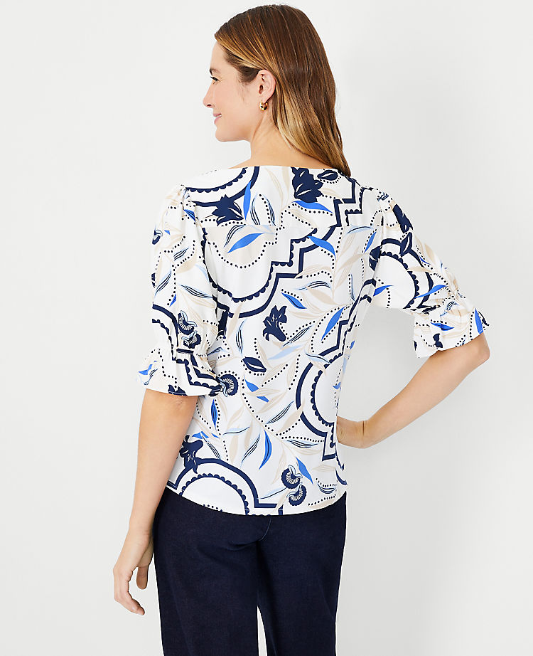 Ann Taylor Outlet |  Tile Print Mixed Media Ruffle Puff Sleeve Top