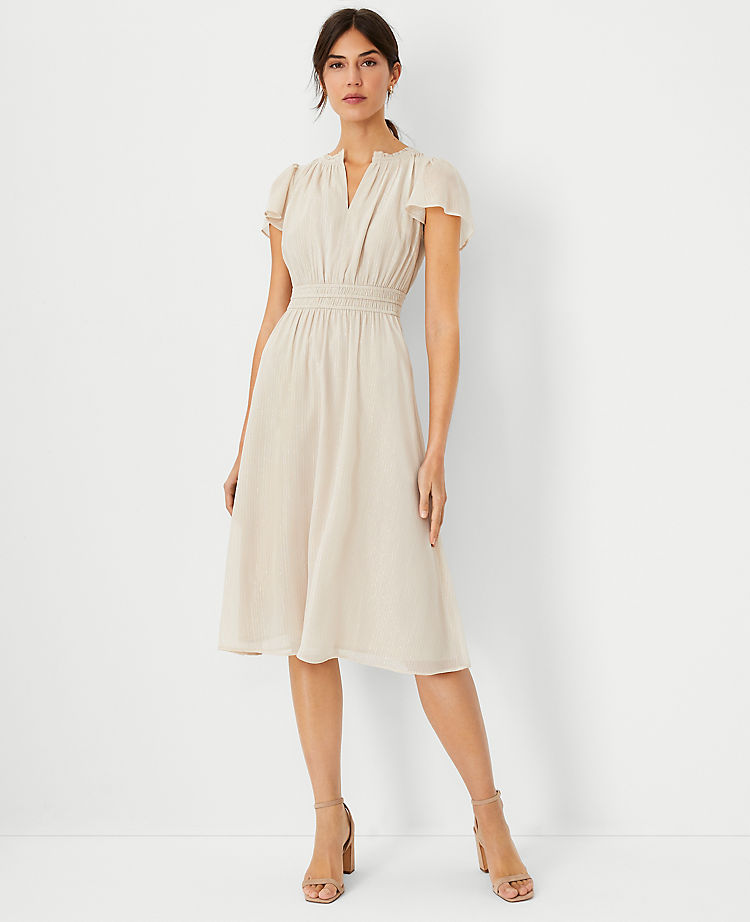 Ann Taylor Metallic Stripe Flutter Sleeve Flare Dress