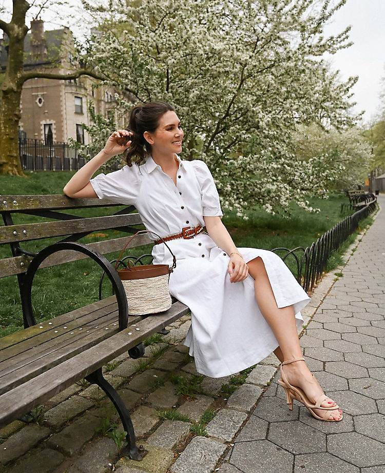 Linen Blend Puff Sleeve Pocket Shirtdress