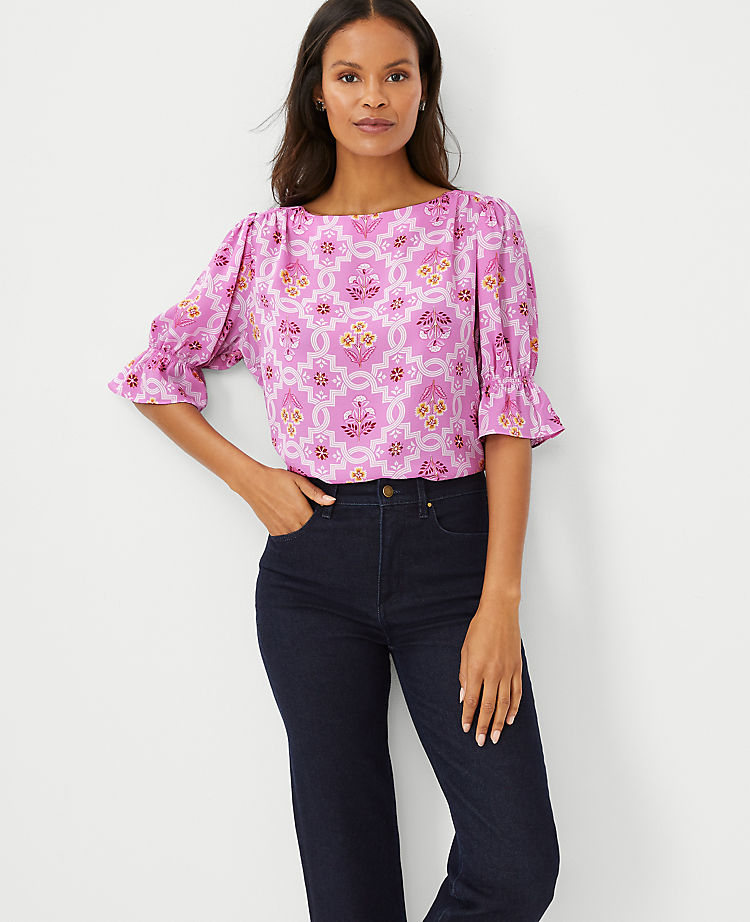 Ann Taylor Outlet |  Tile Print Mixed Media Puff Sleeve Ruffle Top