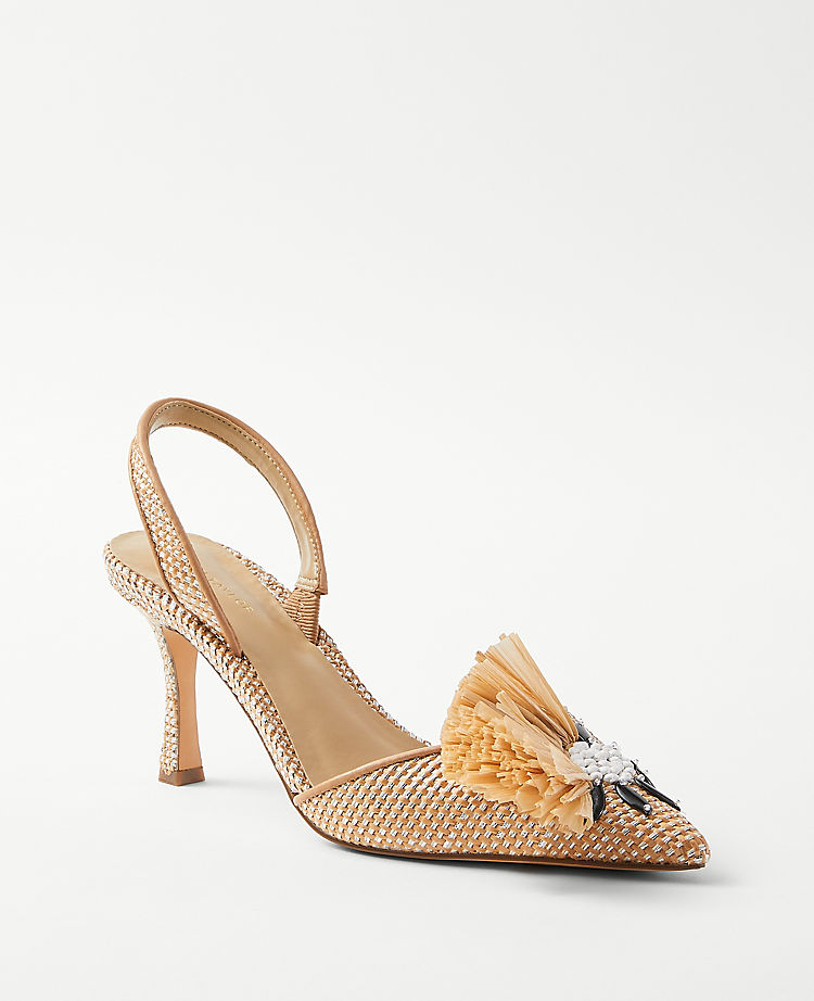 Metallic Straw Embellished Slingback Pumps