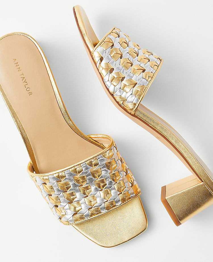 Metallic Woven Leather Block Heel Sandals