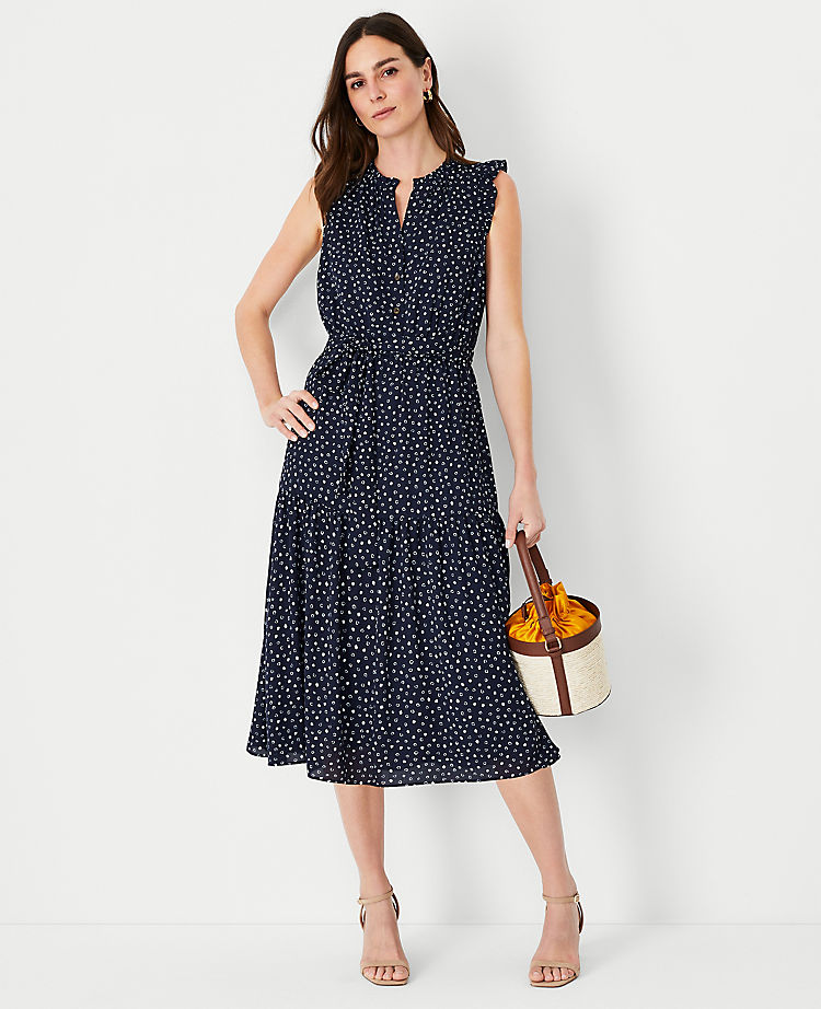 Ann Taylor Spotted Ruffle Belted Flare Dress