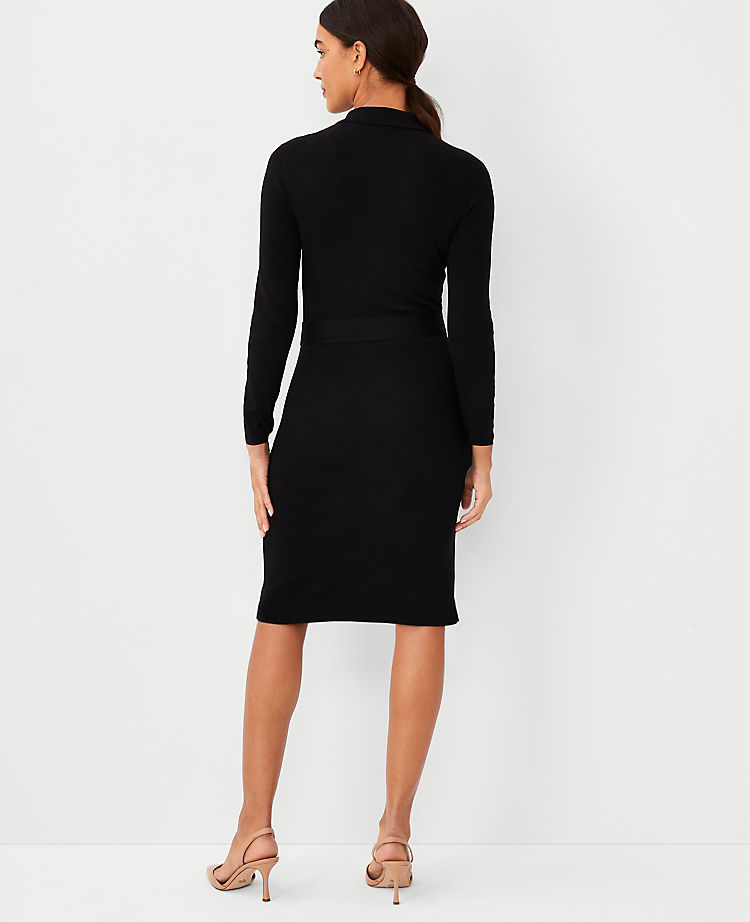 Notched Collar Belted Sweater Dress