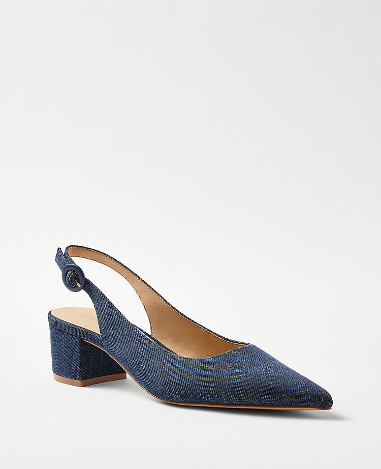 Denim Block Heel Slingback Pumps
