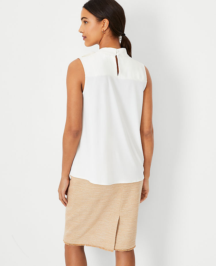 Asymmetrical Tie Neck Mixed Media Shell