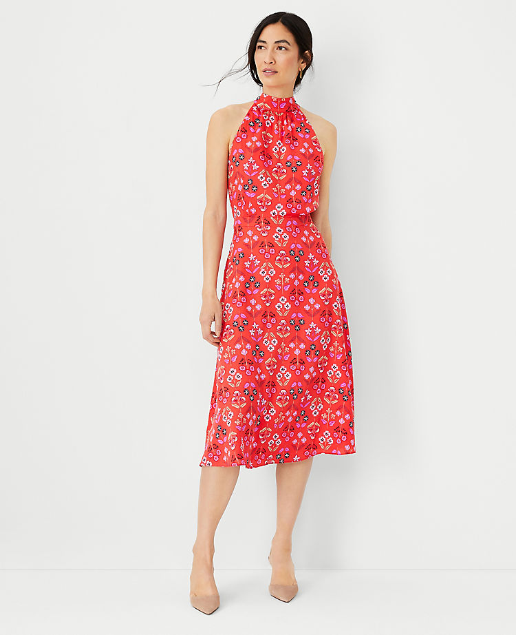 Ann Taylor Floral Tie Neck Flare Dress