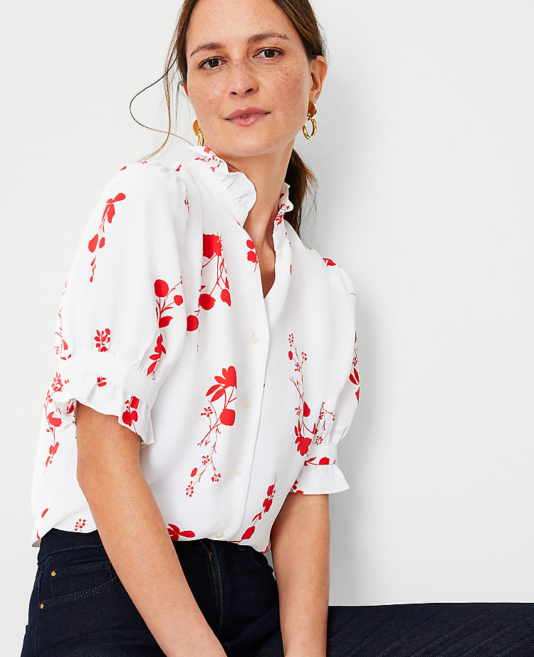Floral Ruffle Button Top