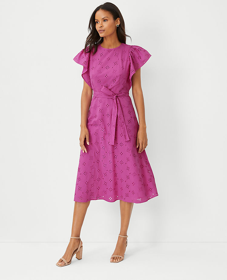 Ann Taylor Eyelet Flutter Sleeve Midi Dress