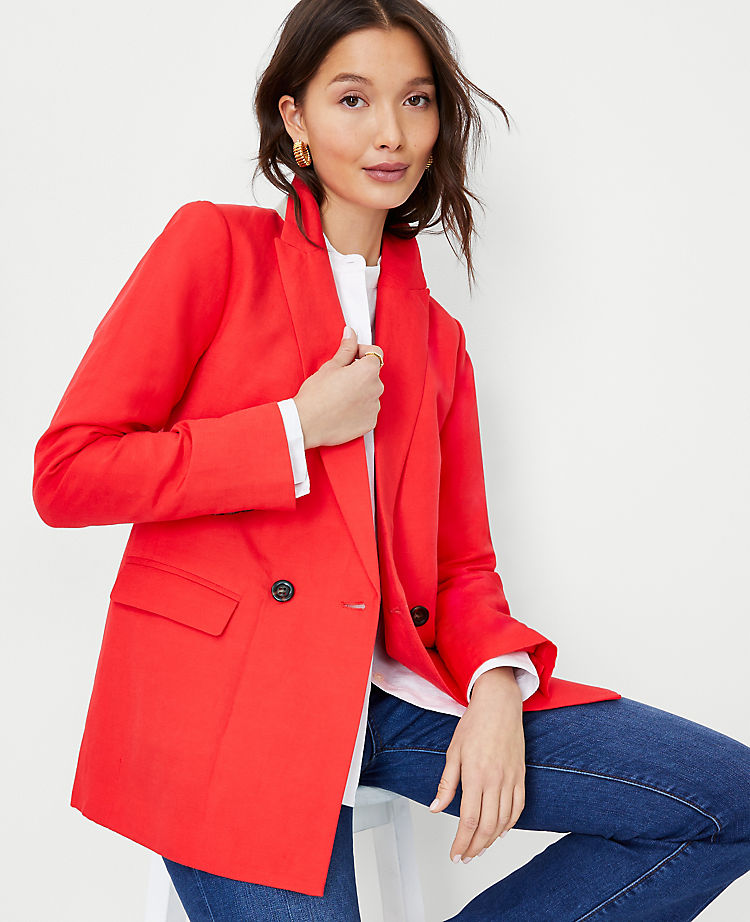 The Relaxed Double Breasted Long Blazer in Linen Blend