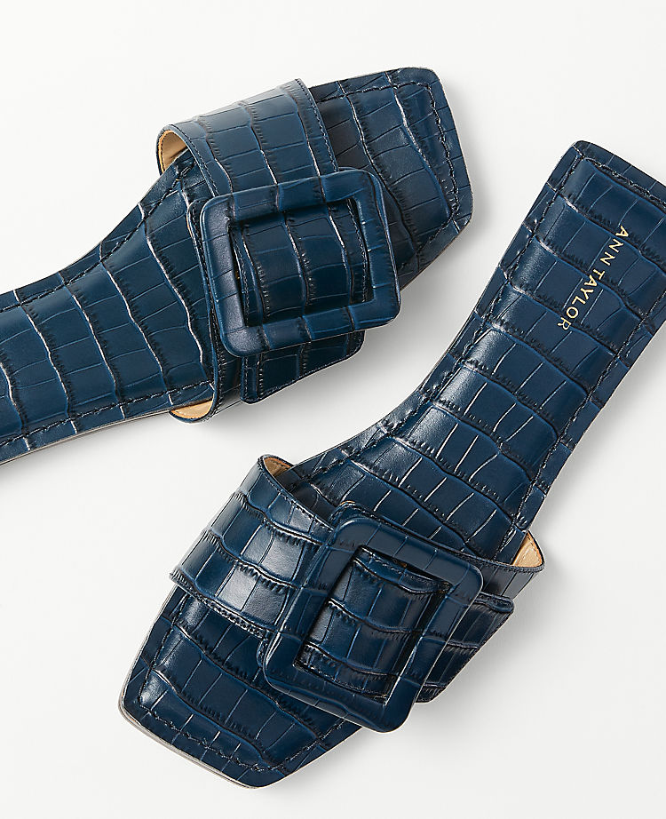 Embossed Leather Buckle Slide Sandals