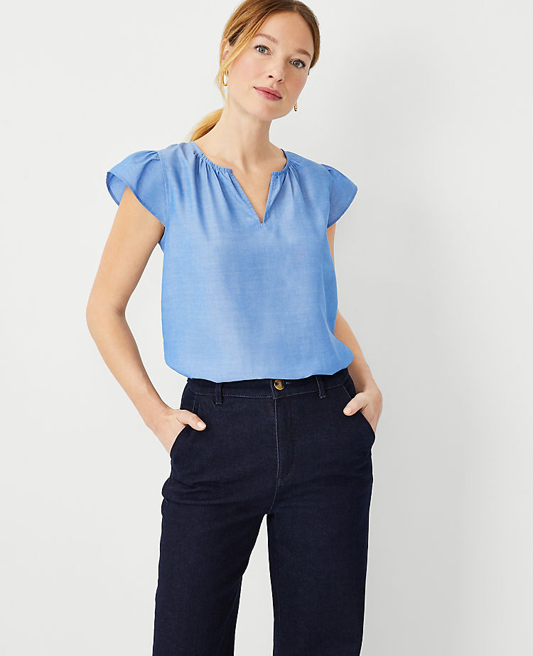 Ann Taylor Outlet |  Chambray Split Neck Ruffle Sleeve Top